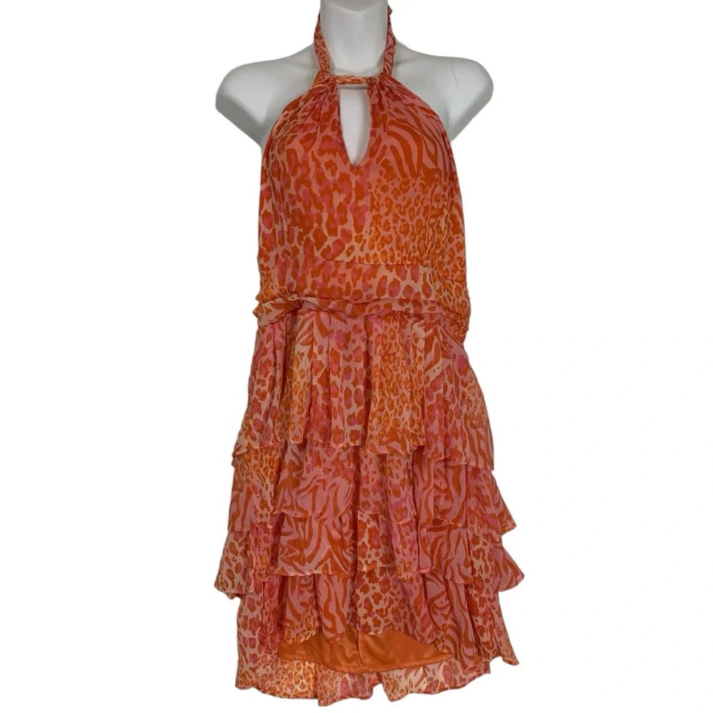 VTG Y2K Pink Orange Animal Print Ruffle Halter Dress Tagged Size 15 Smartset